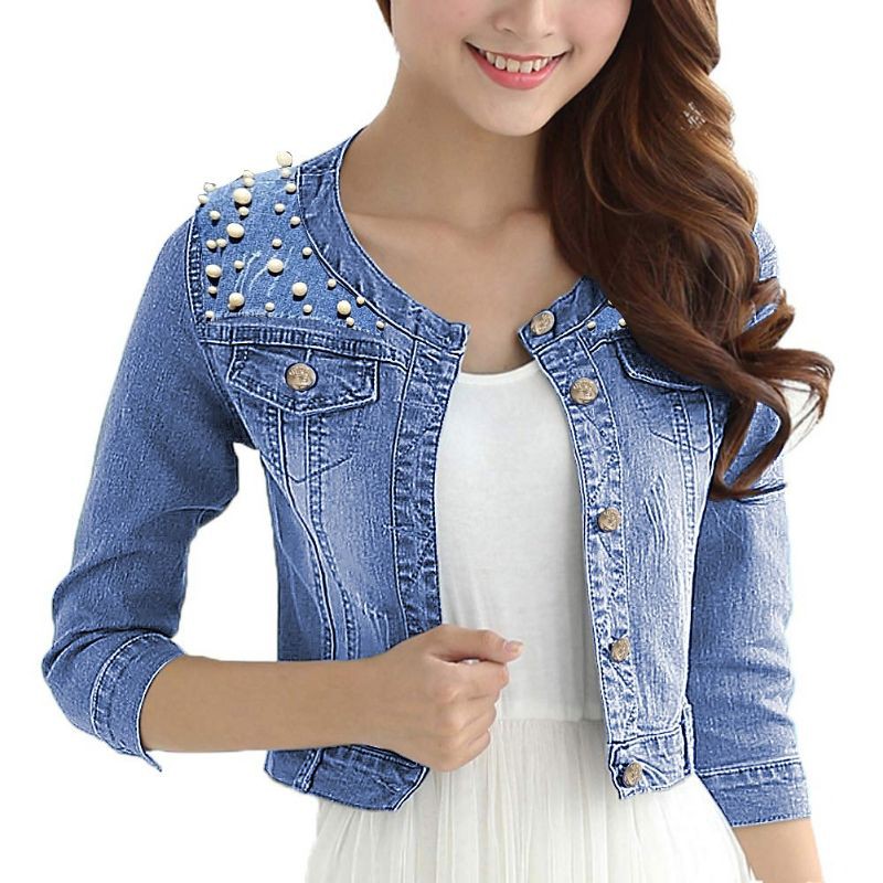 JAKET JEANS CROP MUTIARA TEMBAK LENGAN 7/8