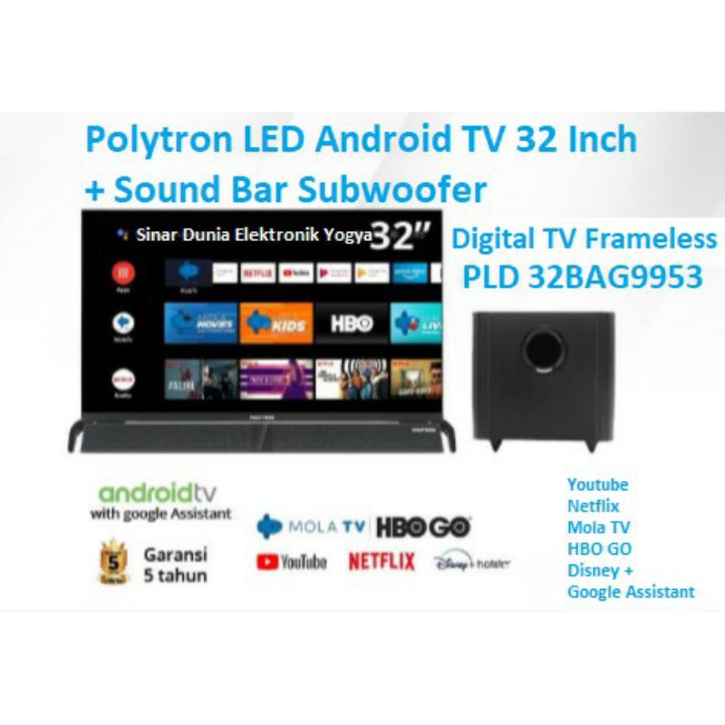 Polytron LED Smart Android TV 32" + Sound Bar Digital PLD 32BAG9953 Garansi Resmi