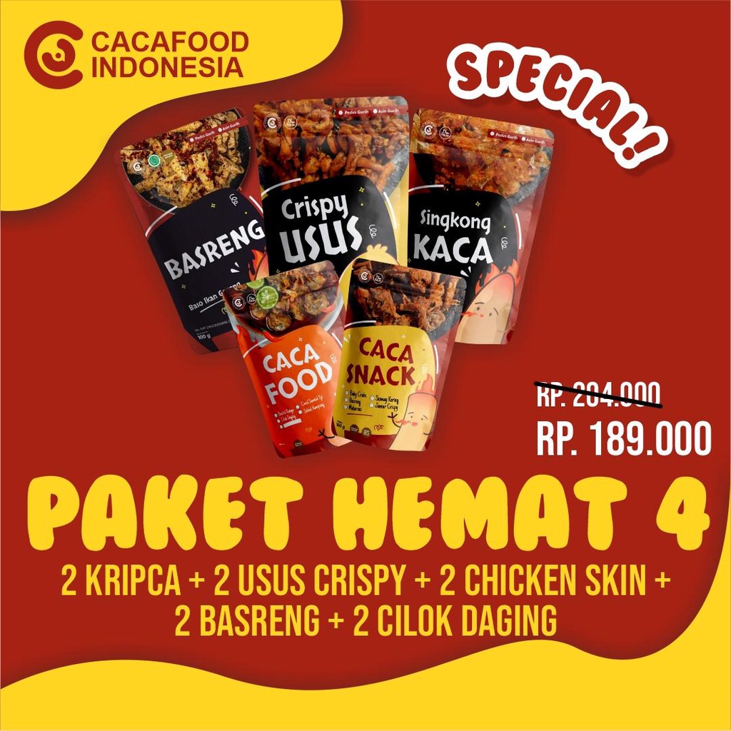 

PAKET HEMAT 4 (2KRIPCA,2BASRENG,2USUS,2SEBLAK,2CILOK)