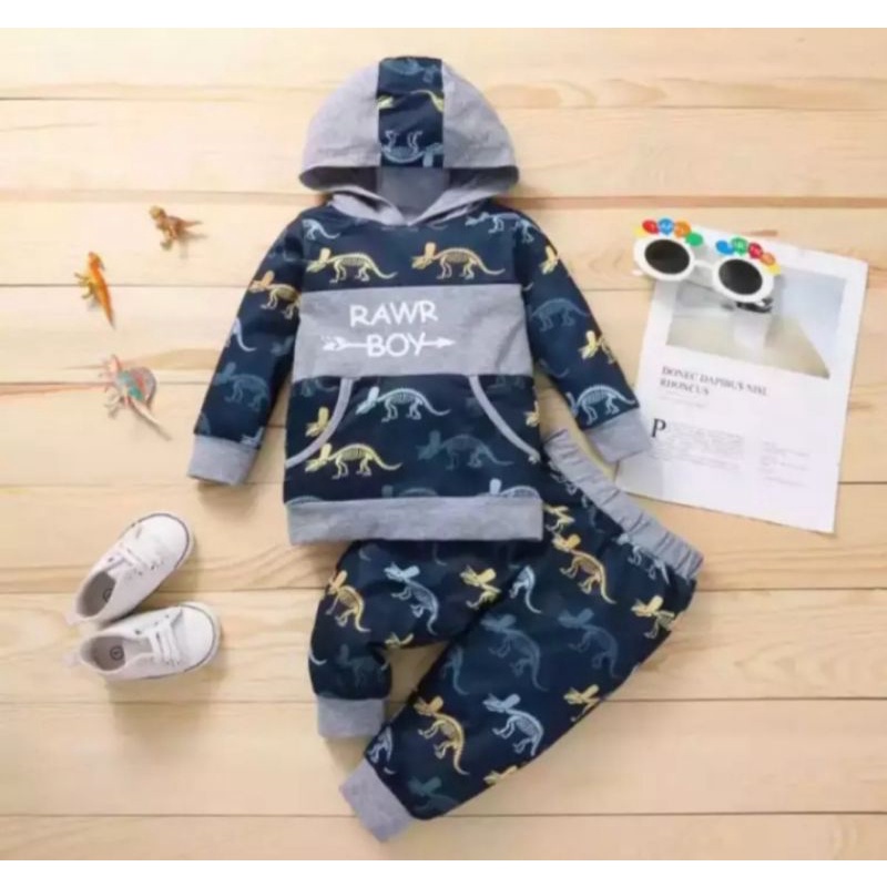 SETELAN SWEATER HOODIE DINO ANAK 1-5 TAHUN SETELAN HOODIE DINO ANAK LAKI-LAKI PEREMPUAN TERBARU