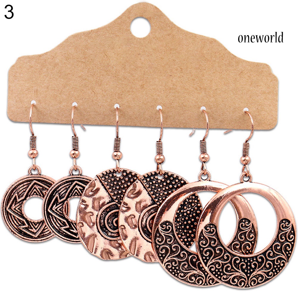 OW# 3Pairs Boho Gypsy Women Feather Round Hollow Dangle Hook Earrings Party Jewelry