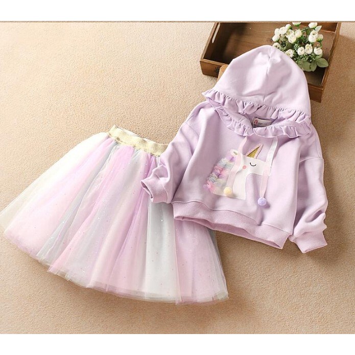 Setelan baju Sweater Hoodie Rok Tutu Rainbow Unicorn anak cewek import-Dress Unicorn anak Perempuan