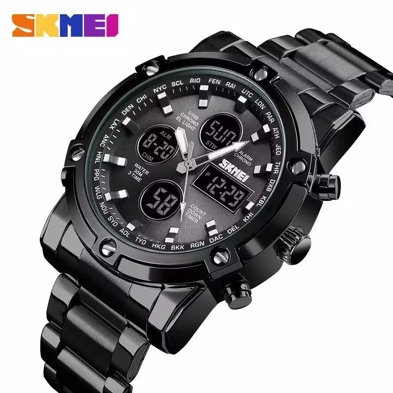 Jam SKMEI 1389 BLACK original double time bergaransi free carton box skmei