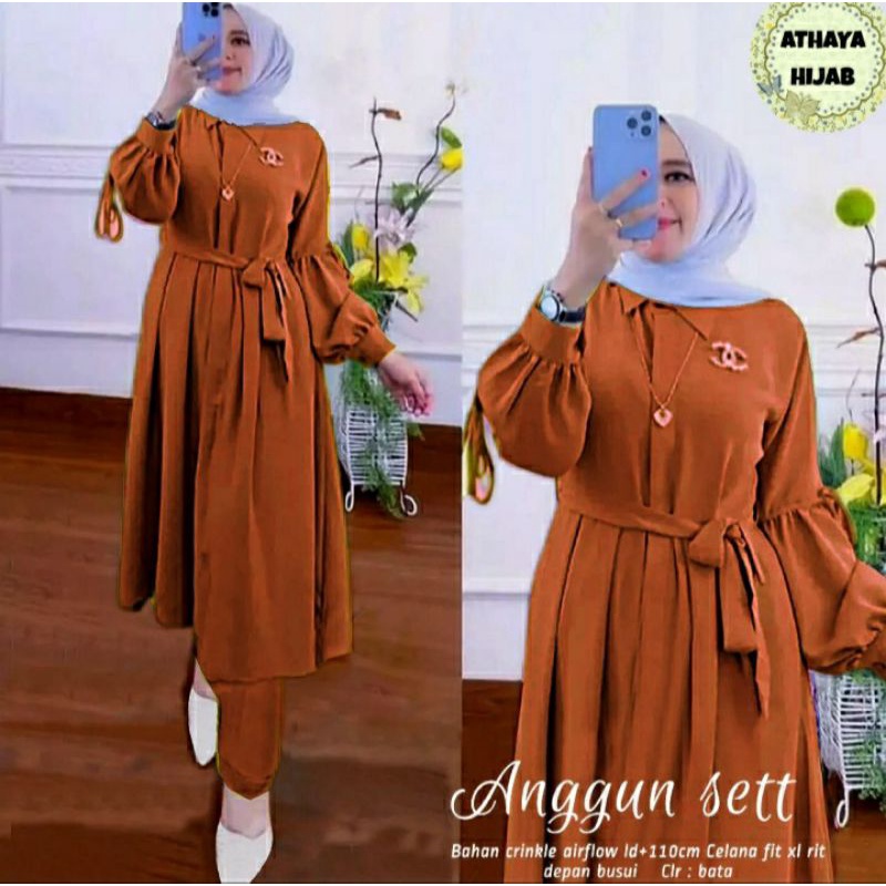 ANGGUN SET BY ATHAYA / SETELAN CELANA & TUNIK BERBAHAN CRINCLE AIRFLOW PREMIUM QUALITY  / SETCEL POL