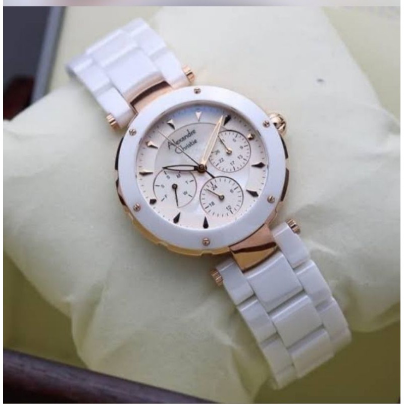 Jam Alexandre Christie 100% Original AC2807 Jam Tangan Wanita Keramik Putih Rosegold
