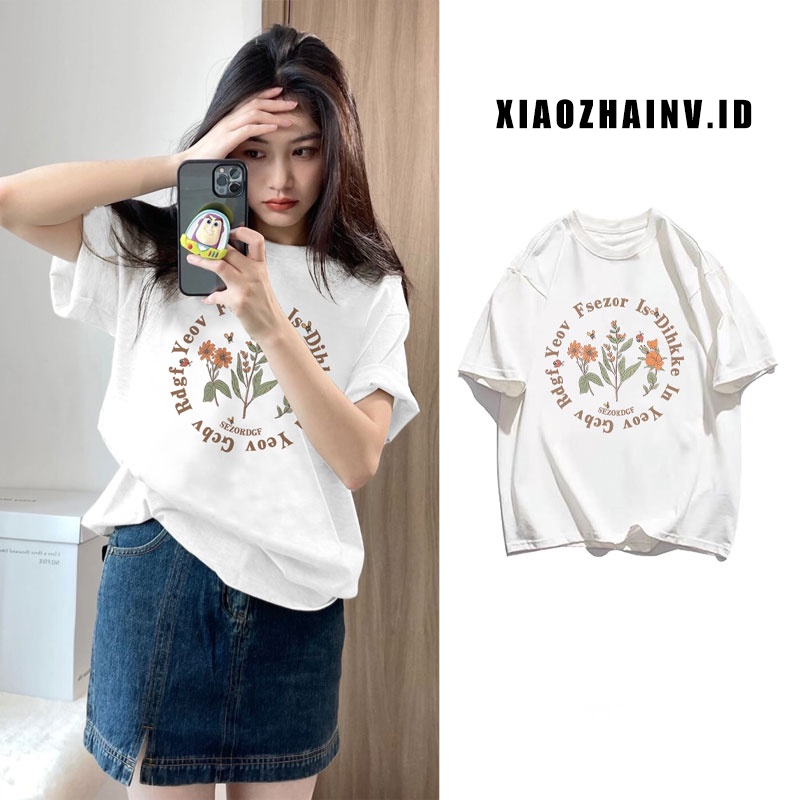 XIAOZHAINV Kaos Putih Atasan Wanita Round Flower Pattern Lengan Pendek 0150