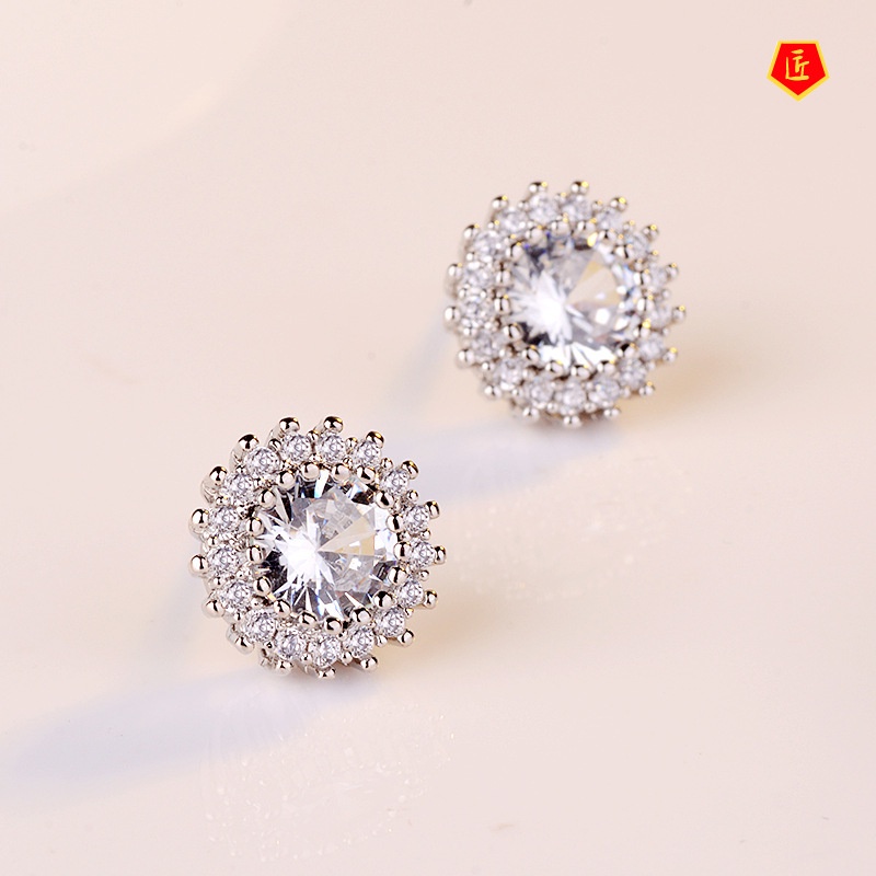 [Ready Stock]Simple Elegant round Flower Full-Jeweled Stud Earrings