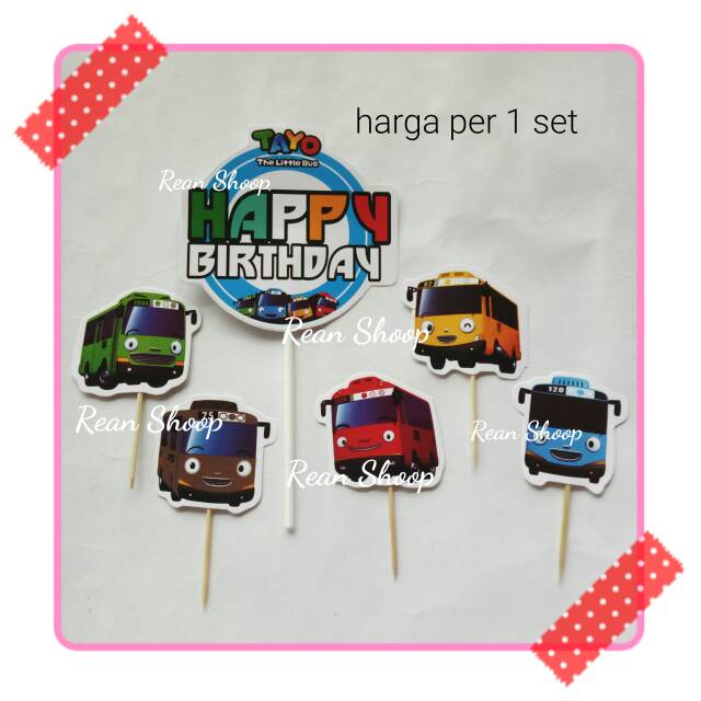 Topper toper hiasan tusukan kue tart cake ulang tahun happy birthday karakter tayo the little bus