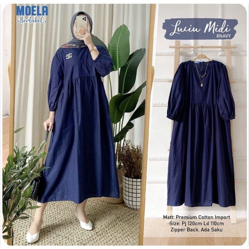 Luciu Midi Dress Mola Katun Rayon Premium Tangan Balon Jumbo LD 110 [COD]