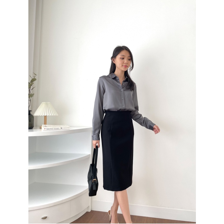 B-0159 Rok Midi Span Wanita Crepe Premium Spandex-BLACK