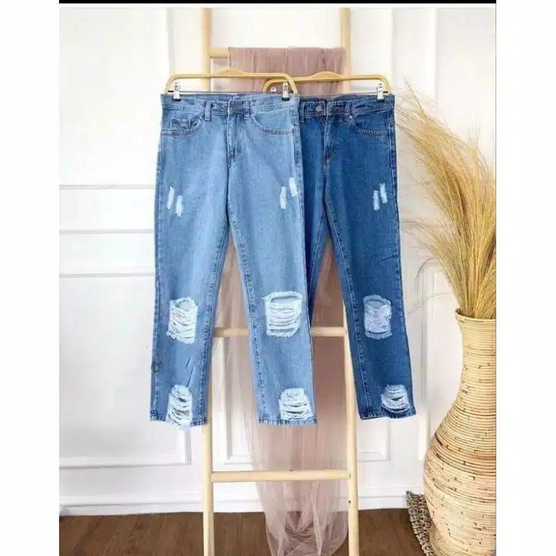 Celana Boyfriend Jeans Wanita -Baggy jeans Premium Celana Sobek Non Lapis Celana Sobek Sobek Rumbai