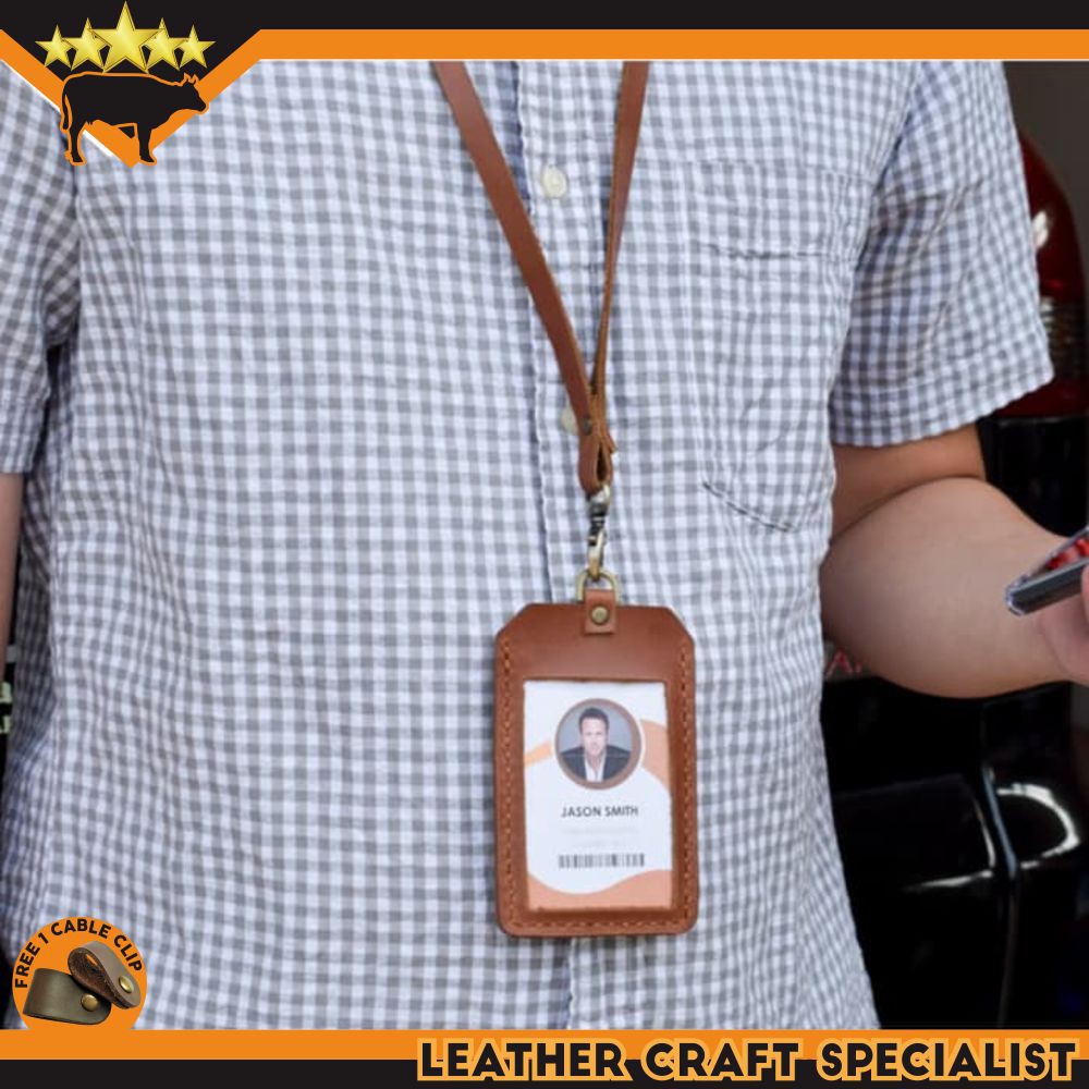 

GANTUNGAN ID CARD NAME TAG KULIT ASLI HANDMADE GENUINE LEATHER PROMO FREE CABLE CLIP