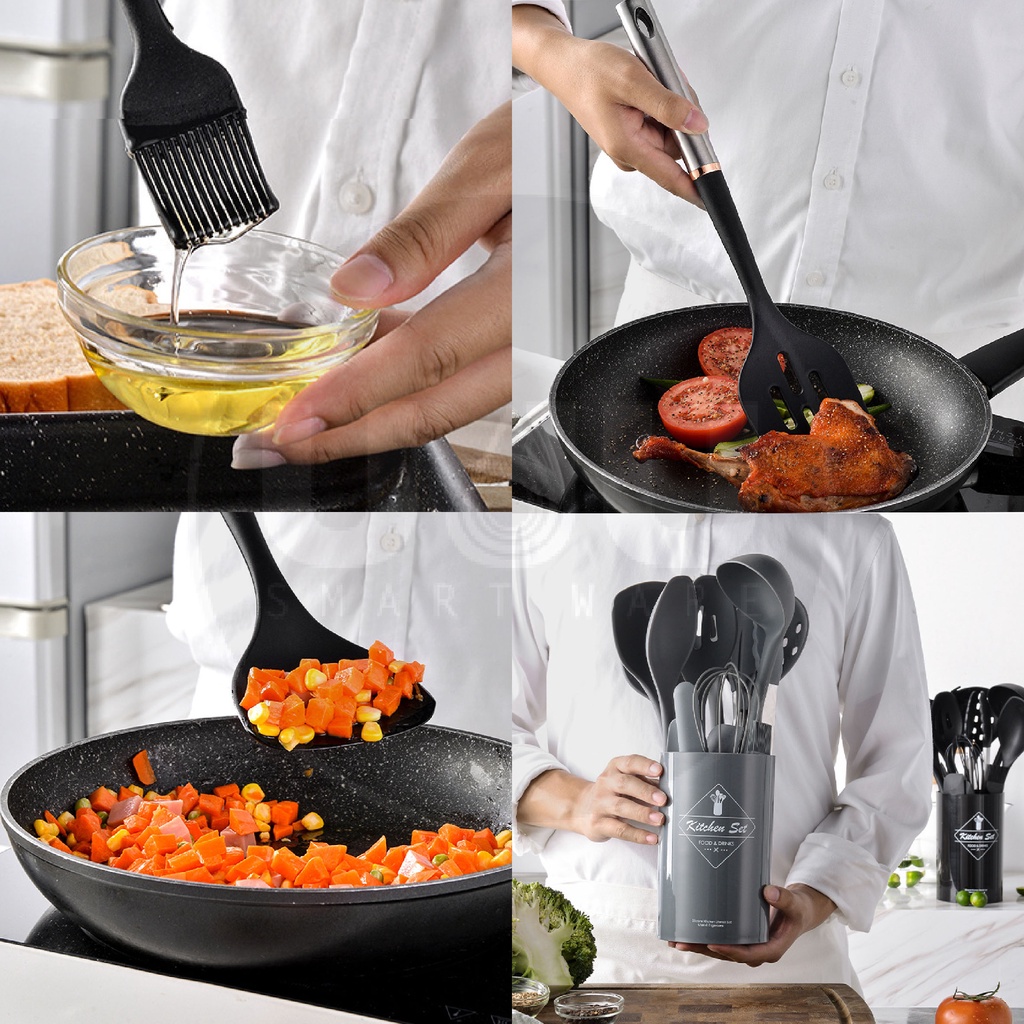 SPATULA SILIKON SET 14 PCS GAGANG STAINLESS STEEL HOLLOW NON-STICK