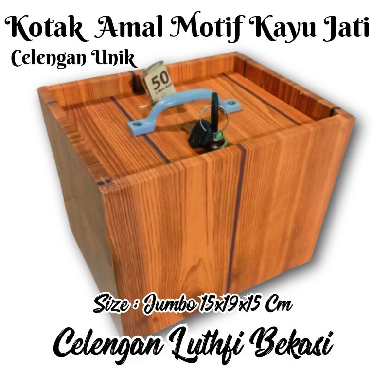 Kotak Amal Unik Besar Motif Kayu jati (Pakai Kunci) - Celengan Unik