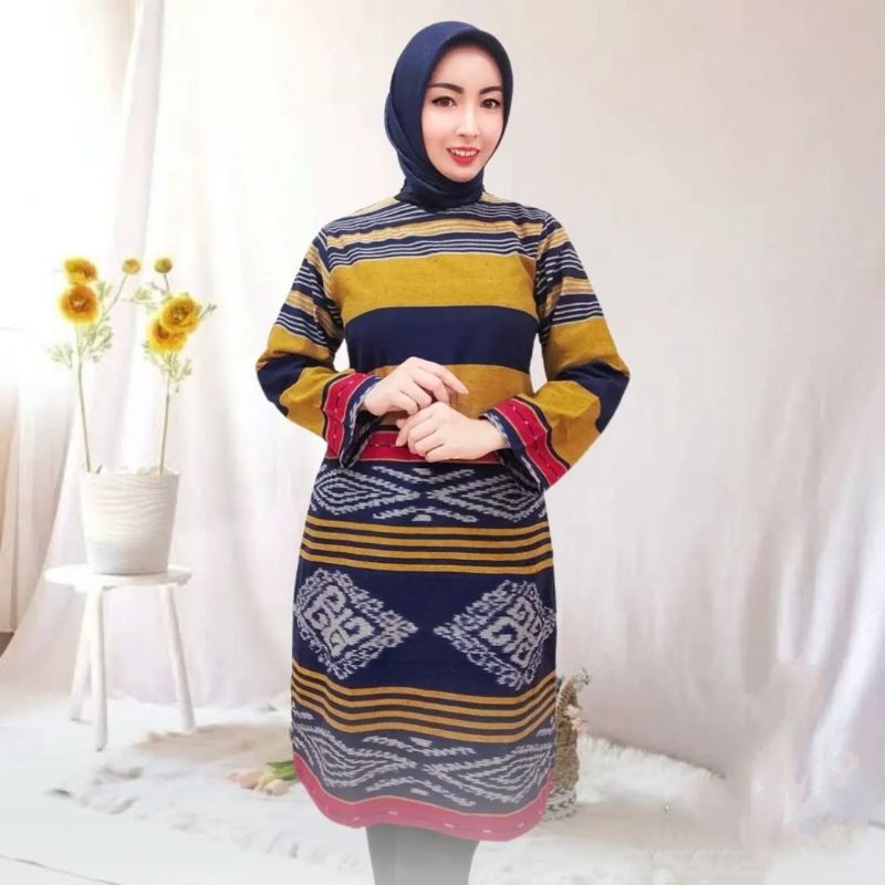 tunik tenun full furing - tunik tenun - dress tenun - tunik modern - dress tenun modern - baku tenun