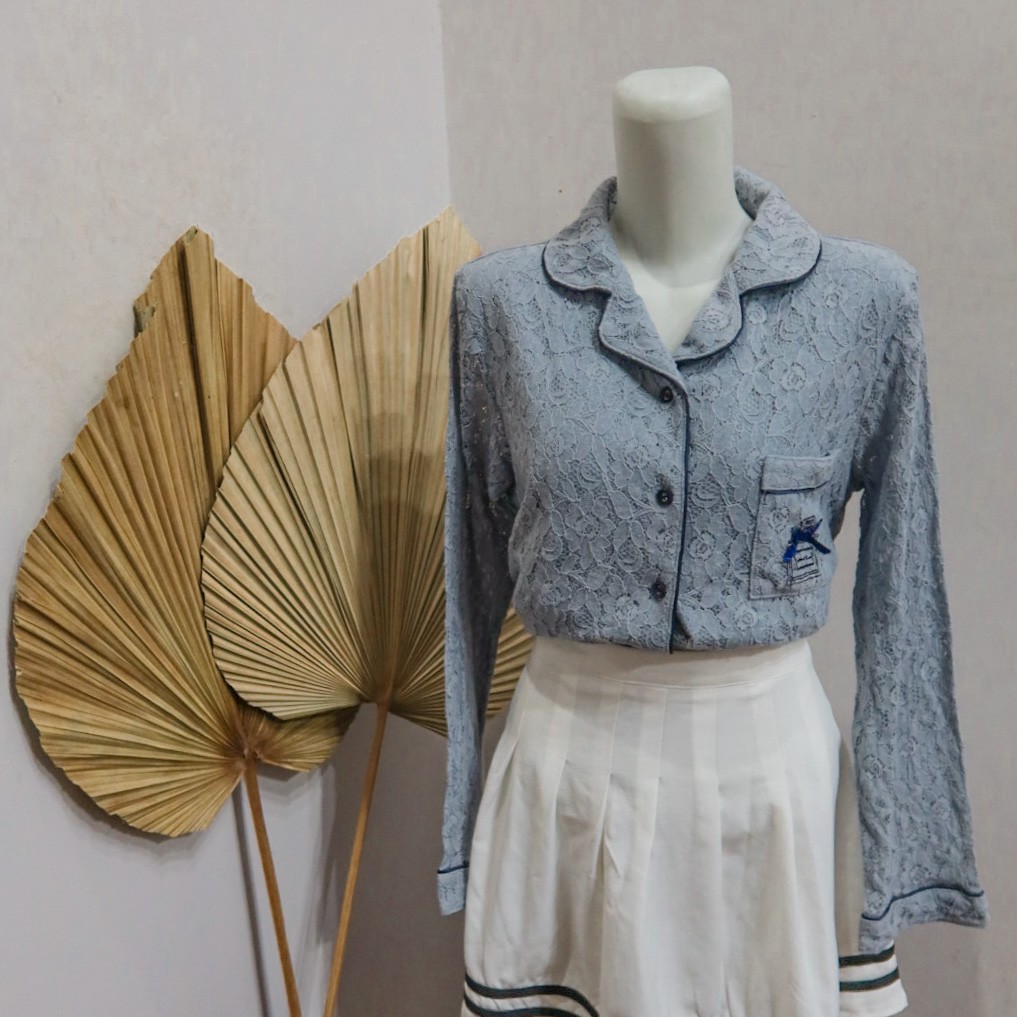 Cardigan Brukat Ala Pajamas Warna Biru Abu