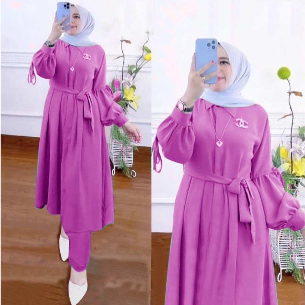 SETELAN TUNIK MODEL KEKINIAN PINK SETELAN_LONG_TUNIK//ON_SET_POLOS_FULL KANCING AKTIF BAHAN rRAYON//SETELAN_TERBARU(COD)Gratis_Ongkir)