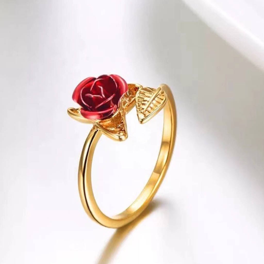 Hu Hu Hu Hu Hu Alat Bantu Pasang Kacamata♡ Cincin Wanita Model Terbuka Adjustable Desain Bunga Mawar Merah + Daun Untuk Valentine