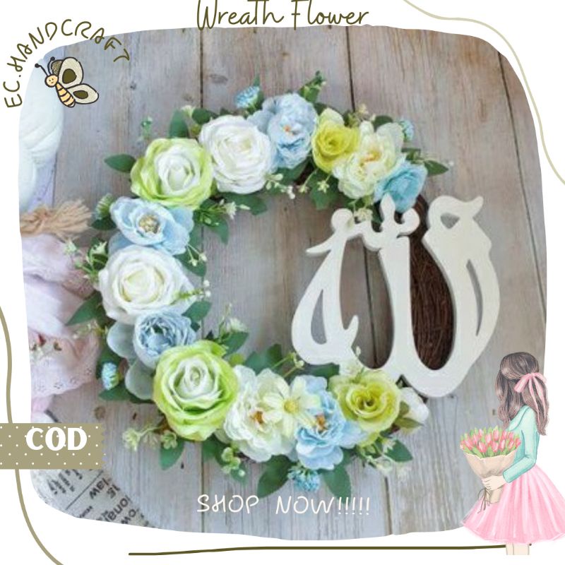 Hiasan Dinding Hiasan Pintu Wreath Flower Akar Tulisan Allah Homedecor