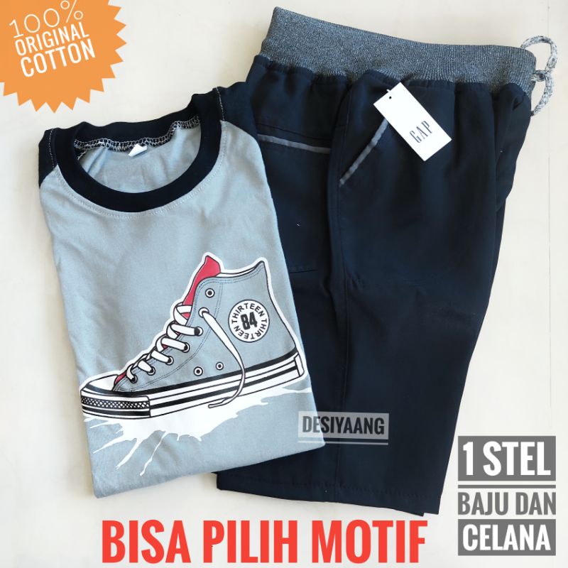 Setelan Anak Harian Laki laki Size S Usia 1234 tahun Kaos Dino dan Celana Pendek