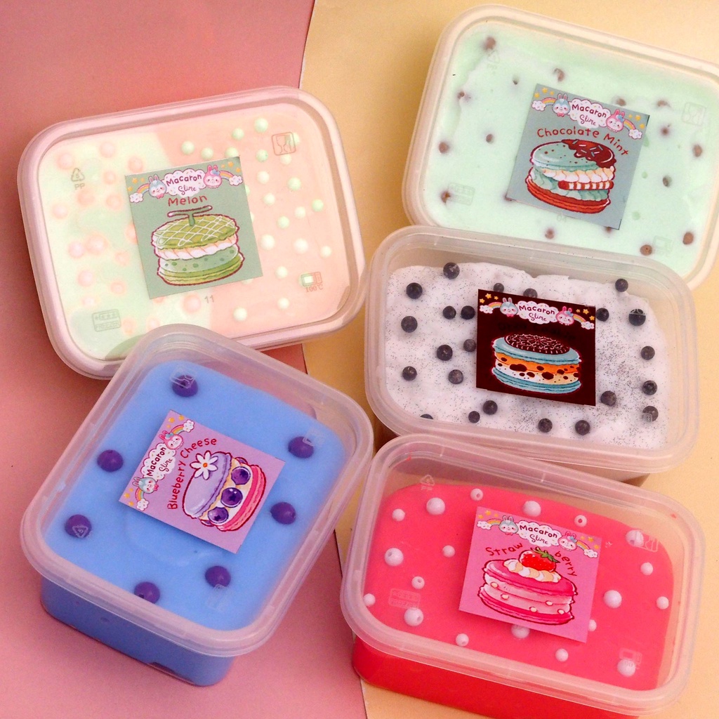 Slime Macaron Variasi Dessert Box Slime Tofu Wangi Topping Sprinkels Warna Soft Kenyal Slime Boba Fuyu Jelly