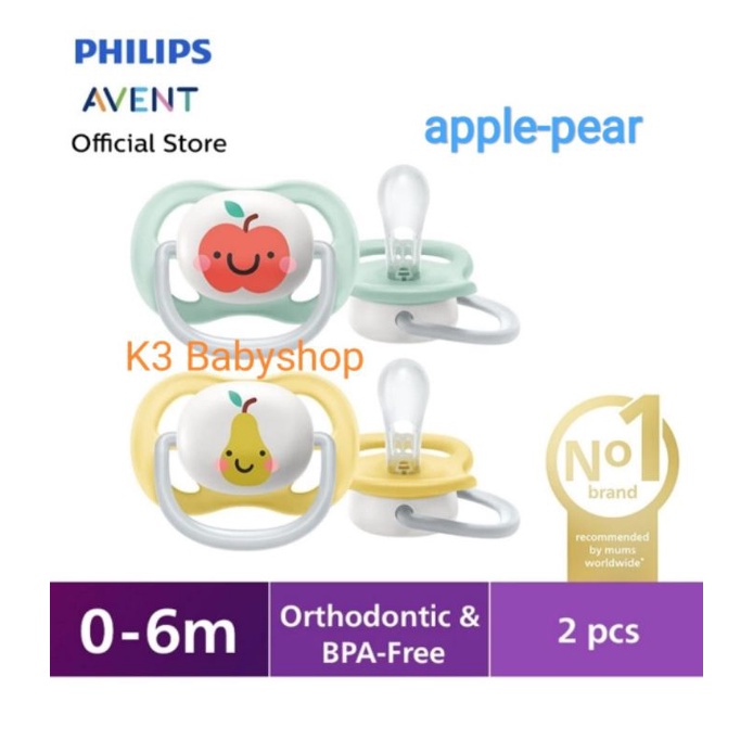 Empeng Avent Orthodontic Soother 0-6bulan star bear pacifier bayi-2pcs Apple-Pear