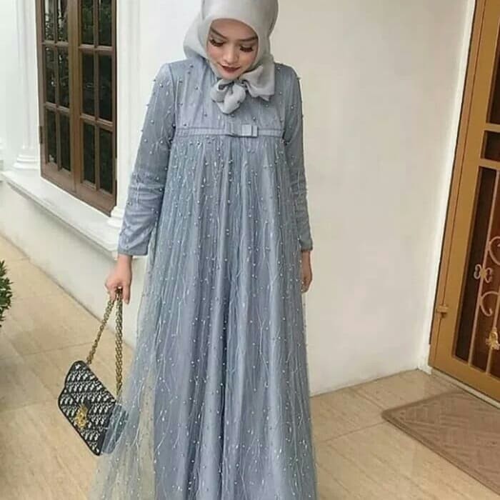 Model Gamis Tile Akar Mutiara Kombinasi Satin