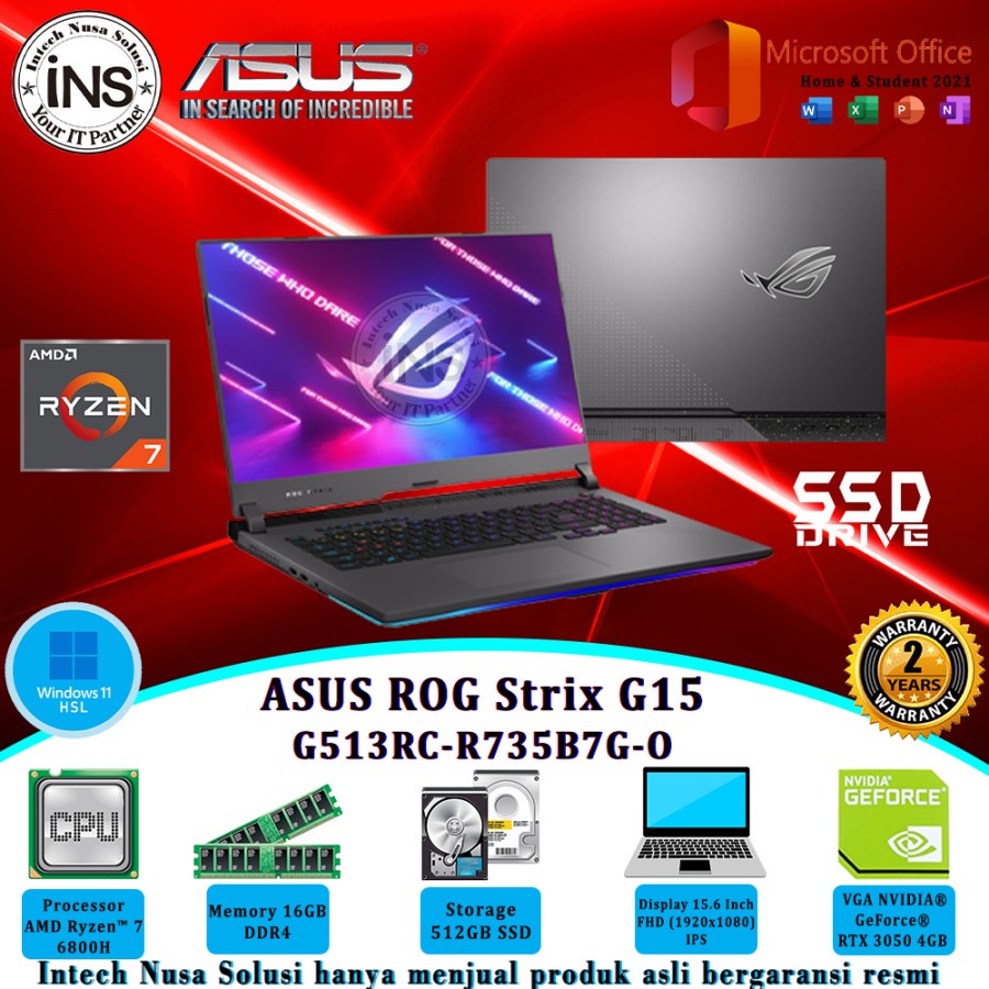 ASUS ROG Strix-G15 G513RC Ryzen 7 6800H 16GB 512GB SSD RTX3050 WIN11HSL OHS 21 2YR