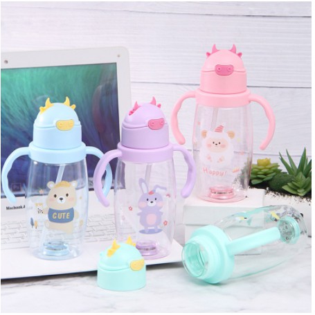 Botol Minum Anak Lighting Motif / Karakter Sapi Dengan Lampu LED 2 In 1 Gagang + Tali 550ml B889