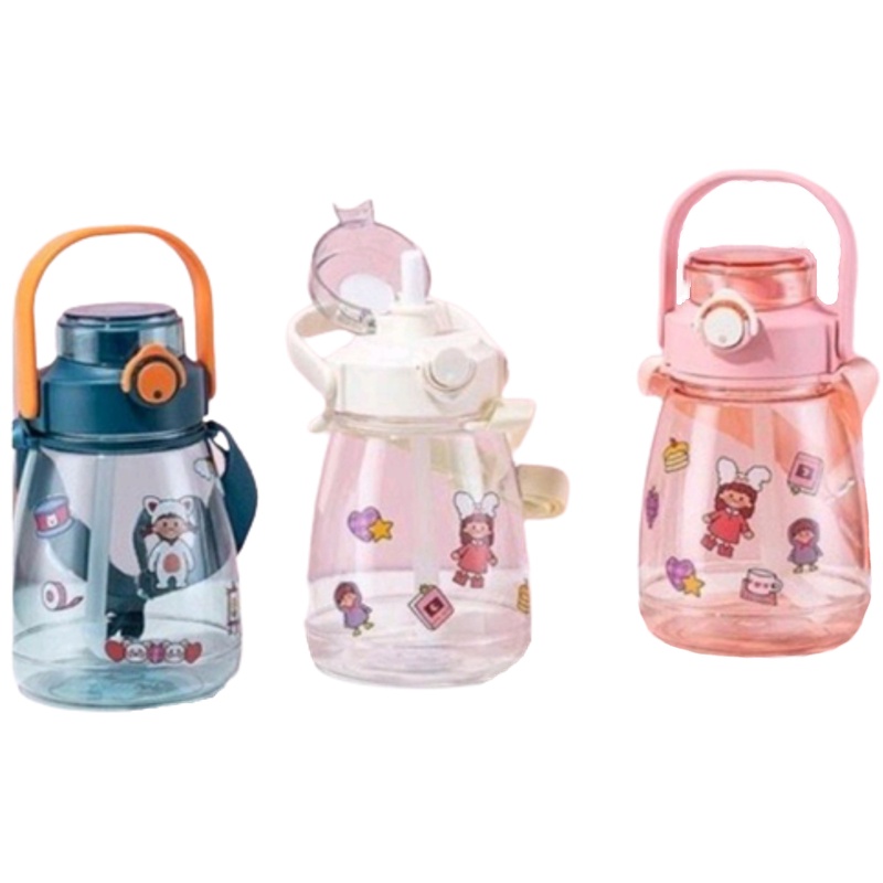 Botol Minum Anak Gemoy Bening ViraL 1300ML / Botol Motivasi Portable Tritan 1.3 Liter Penanda Waktu Tutup Flip Dengan Sedotan Free Stiker Emoji / Thumbler Olahraga Gemoy Bening Kekinian Food Grade Bebas BPA Anti Bocor Besar Dan Tahan Lama