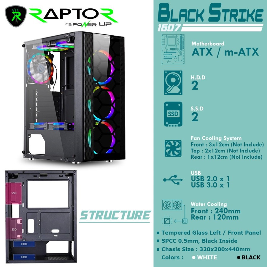 Casing Gaming PowerUp Raptor 1607 Black - Casing Gaming - Putih
