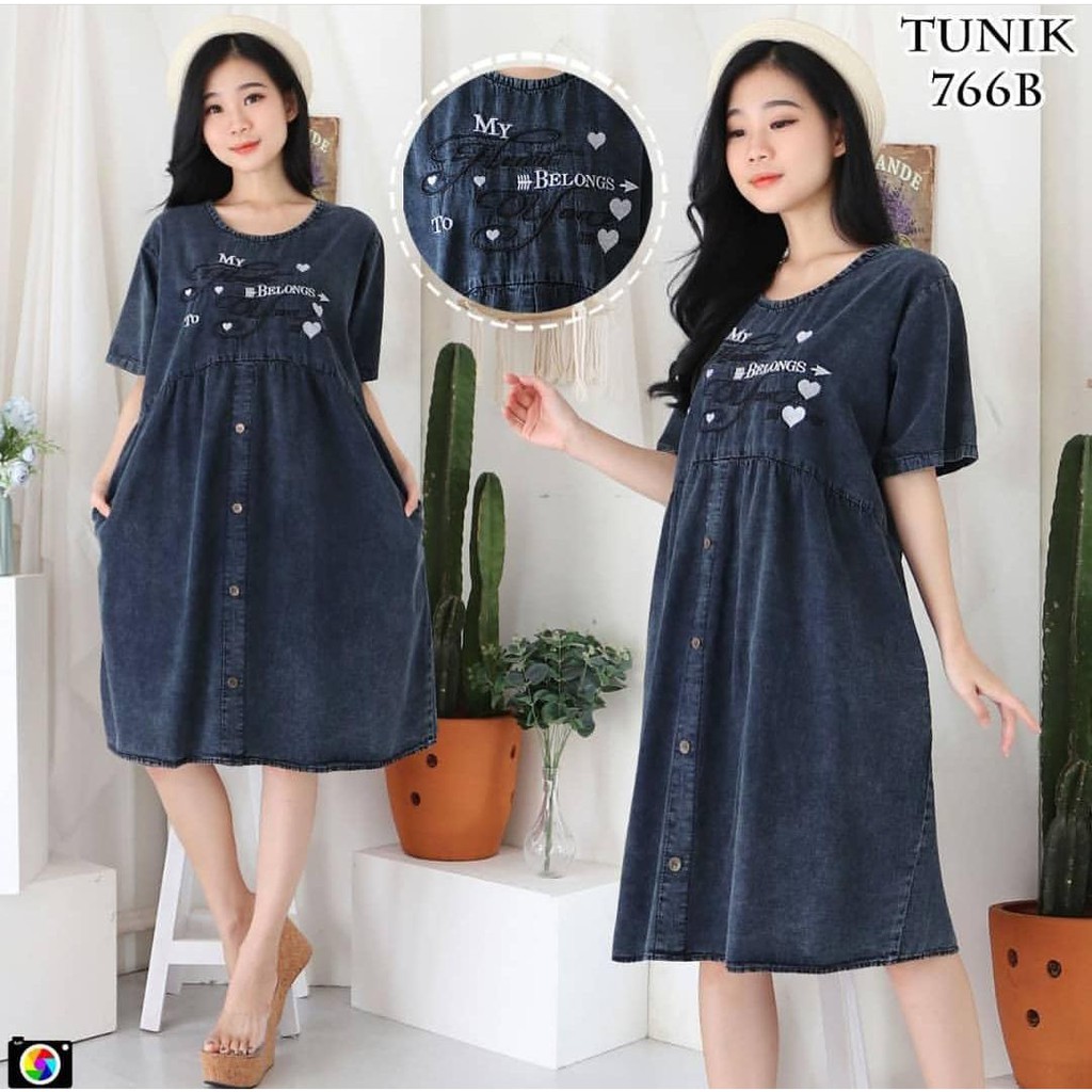 Dress Denim Tunik Lengan Pendek Bordir Best Seller