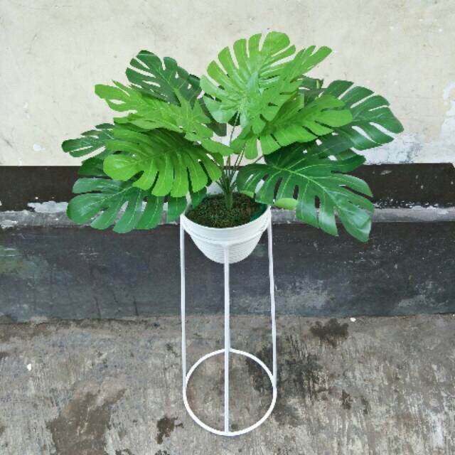 Ariani1318 Set Bunga Plastik Daun Monstera Dengan Pot Plastik Tawon Dekorasi Rumah Shabby Chic