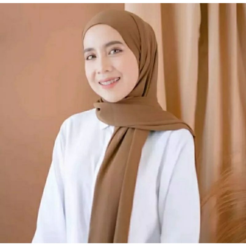 (GRAB INSTAN) HIJAB PASHMINA CERUTY 200x75 JILBAB PASHMINA CERUTY BABYDOLL PREMIUM TEPI JAHIT-Moccacino
