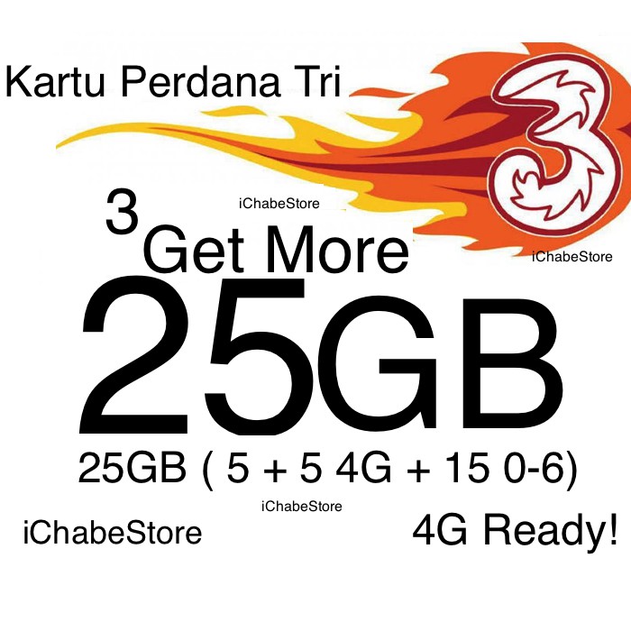 Kartu perdana Tri/Three 3 Get More 25GB internet data 