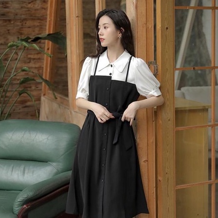 [littlecrab] Dress Oversize Kasual Fake 2 Set Fake Collar Berkualitas Dress Kemeja Berkerah Hitam Putih Dress Panjang Lengan Pendek Simple Elegan High Quality Dress Korean Style