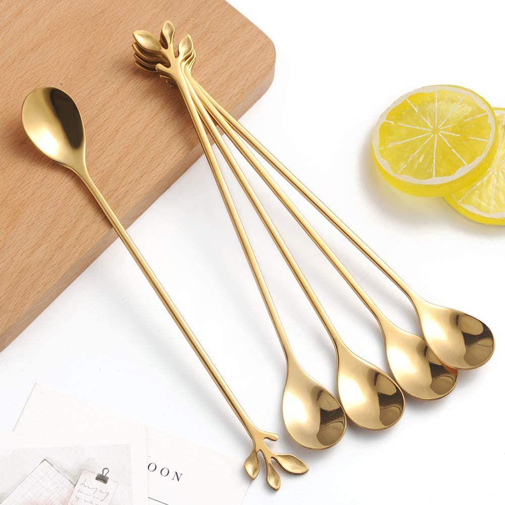 SOLIGHTER Dessert Coffee Spoon Kitchen Gadgets Stainless Steel Tea Scoop Honey Utensils Gift Stirring Tool Household Small Leafs Upscale Dinnerware/Multicolor