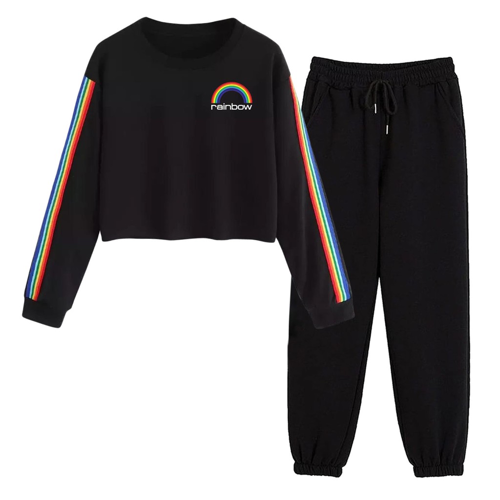 BESS - Baju Setelan Wanita Murah / Setelan Sweater Crop + Jogger Hitam - RAINBOW