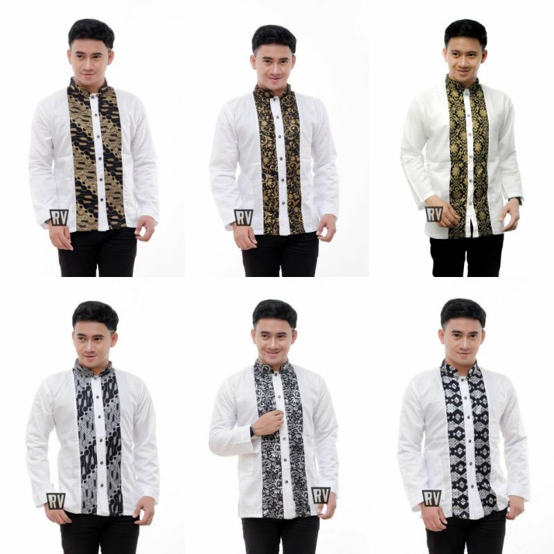 BAJU KOKO PRIA LENGAN PANJANG PUTIH KOMBINASI BATIK PRADA / KEMEJA KOKO BATIK