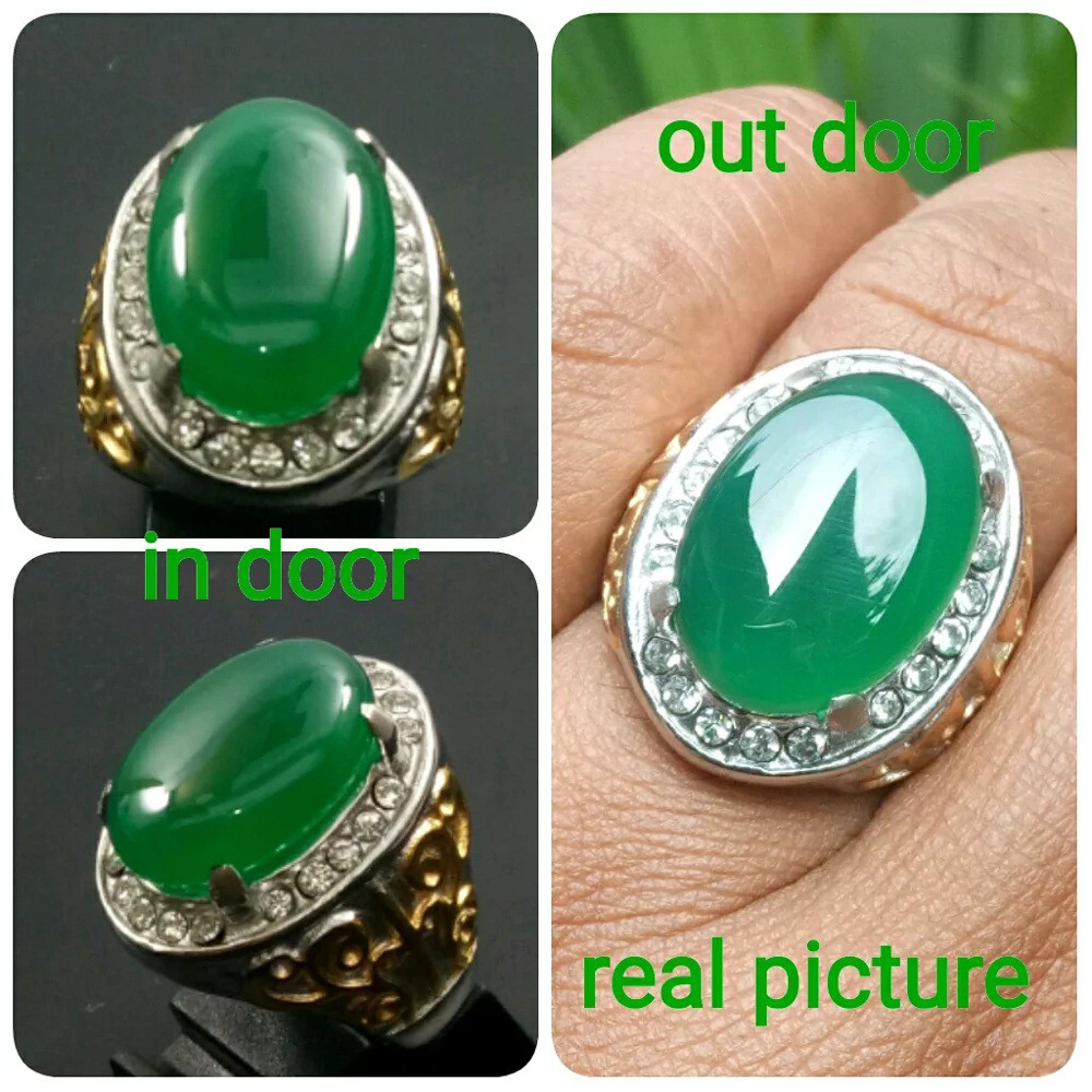 Cincin Batu Green Chalcedony Kristal Top Ring Titanium Gigi Bajing Berkelas