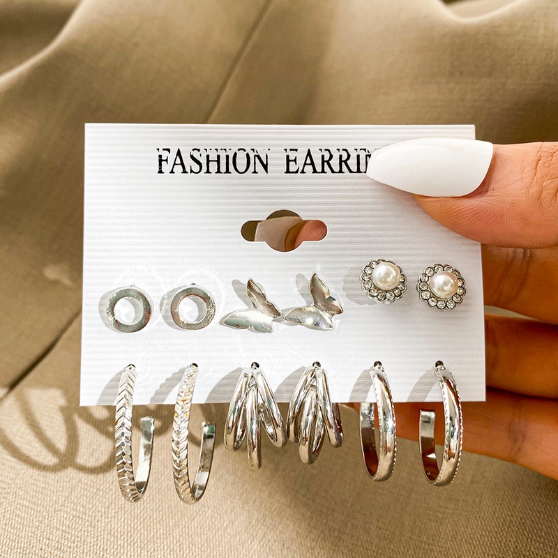 Set Anting Hoop 17km Gold Silver Hias Mutiara Bentuk Hati Butterfly Drop Untuk Aksesoris Perhiasan-4