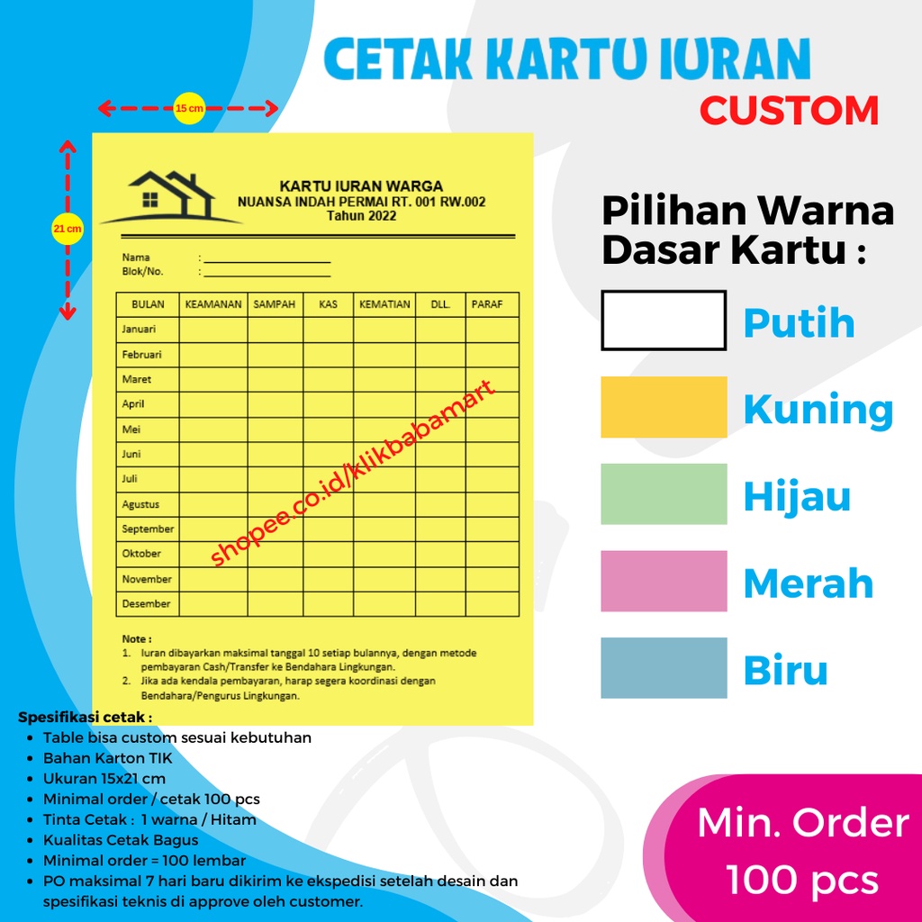 

CETAK KARTU IURAN WARGA / SPP SEKOLAH BAYARAN / KARTU STOK REKAM MEDIK / KOMUNITAS / DLL. UKURAN 1/2 A4 ISI 100 PCS