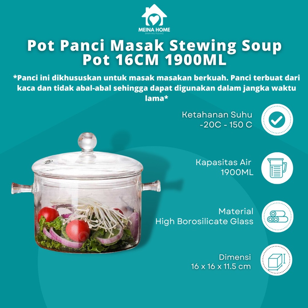 PANCI KACA TAHAN PANAS 16CM / PANCI MASAK KACA STEWING SOUP POT 1900ML