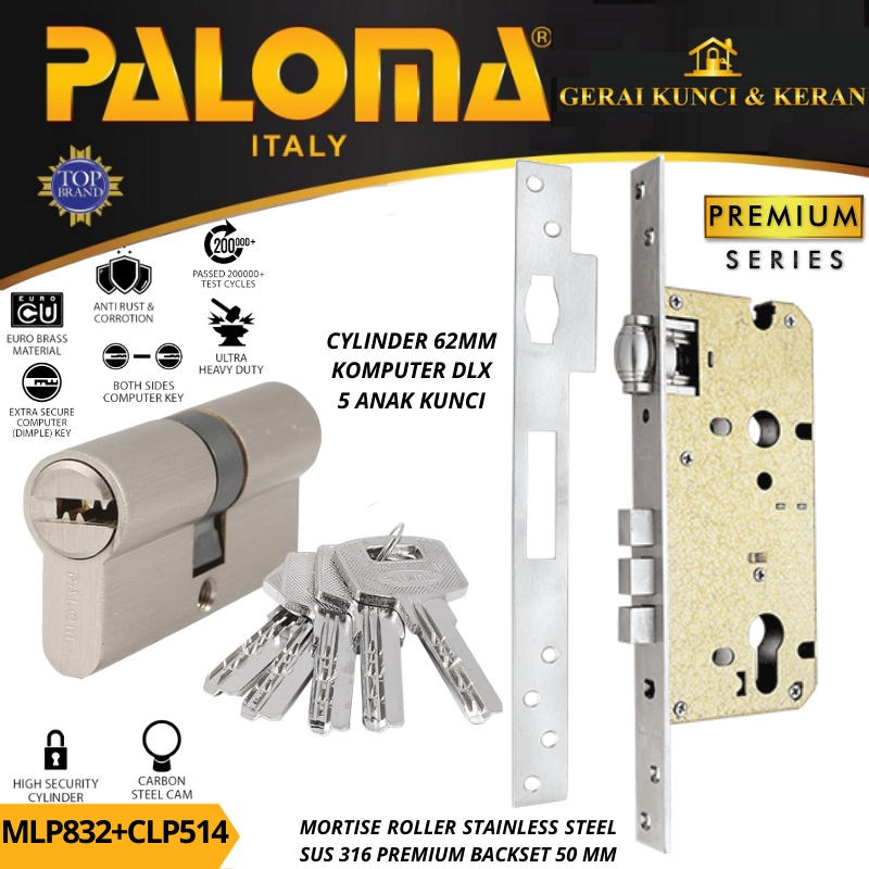 PALOMA MORTISE LOCK SET CYLINDER MLP 832 CLP 514 BODY KUNCI PELOR 50MM CYLINDER 62MM KOMPUTER KEY STAINLESS