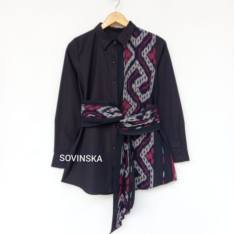 Atasan Tenun WP 228 Hitam pink Baju wanita Batik modern kemeja wanita lengan panjang Hem batik motif
