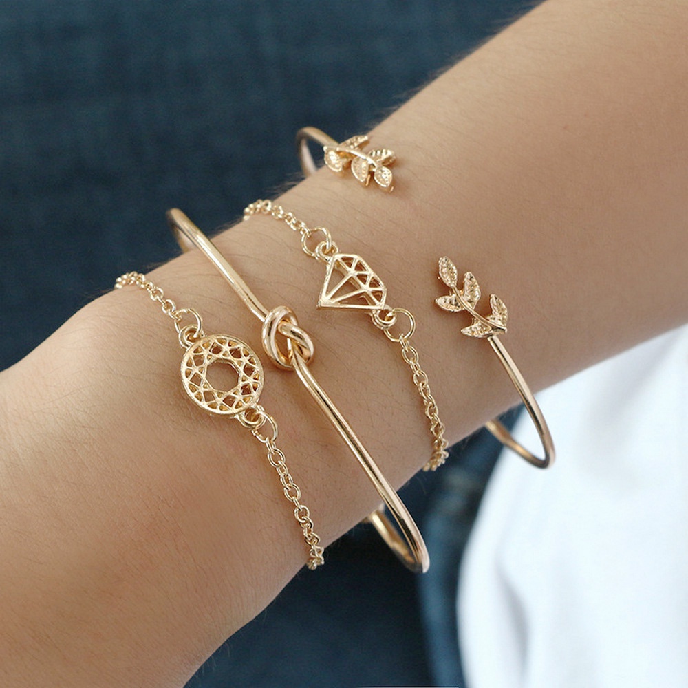 4pcs / Set Gelang Rantai Bentuk Daun Simpul Warna Rose Gold Untuk Wanita