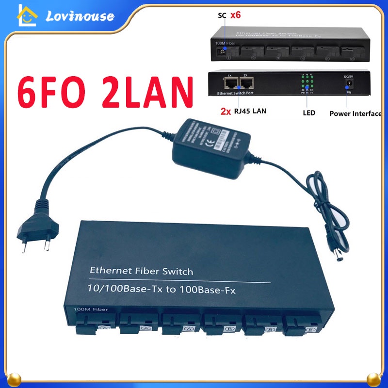 100 Mbps Media Converter 6FO 2LAN Fiber Switch Optic 6 SC 2 RJ45