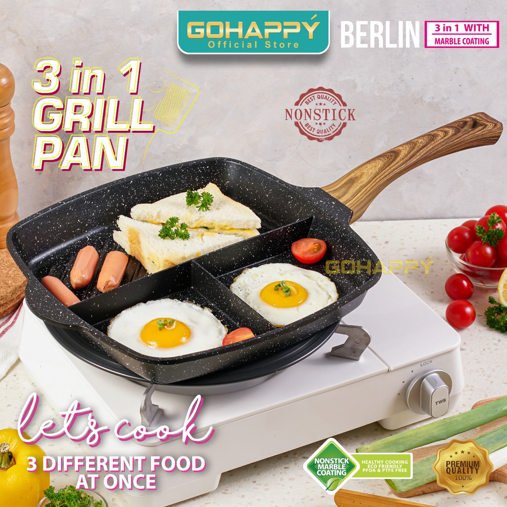 Everlux Berlin Grill Pan 3 sisi - Gohappy Panci Pemanggang Anti lengket - Alat panggang 3 sekat devider