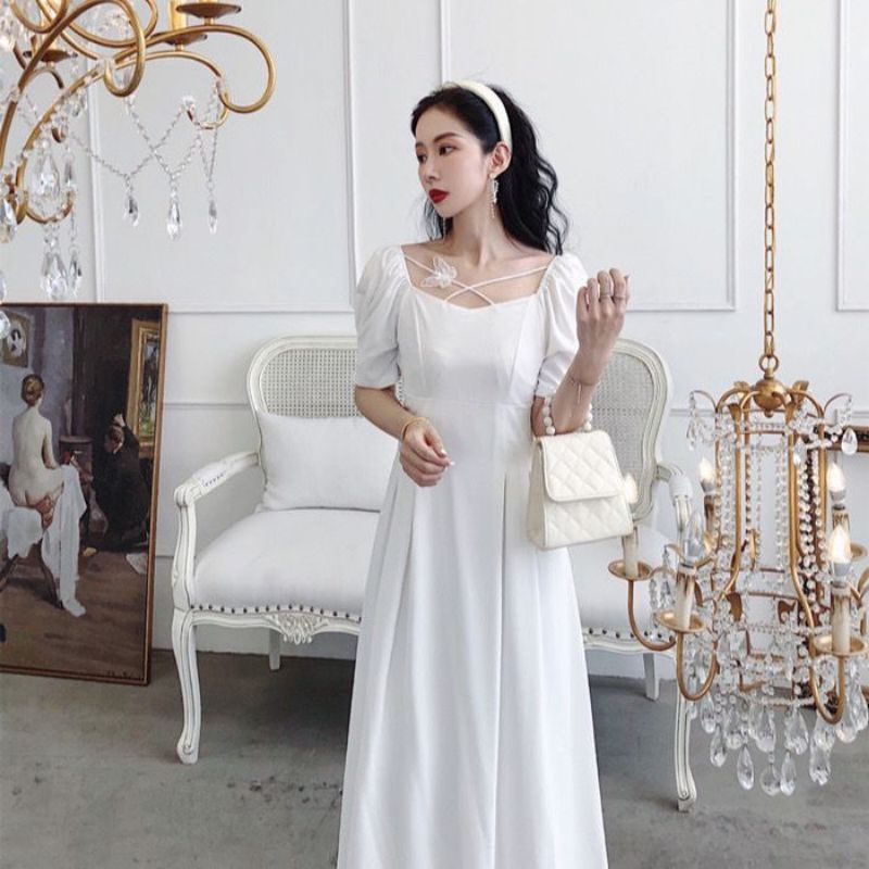 [MikanHiro Store] Elegant French 2022 Spring/Summer Retro Fairy Dress with Puff Sleeves and Thin WaistSuper fairy light cooked midi skirt butterfly