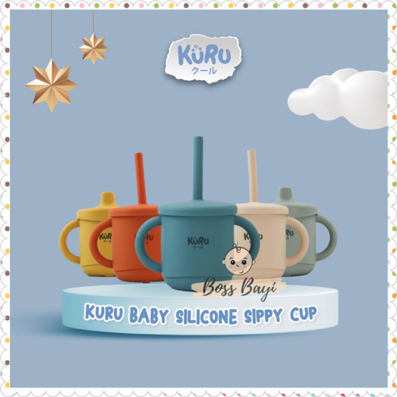 KURU BABY - Silicone Sippy Cup Set / Gelas Silikon Bayi + Straw (Sedotan)